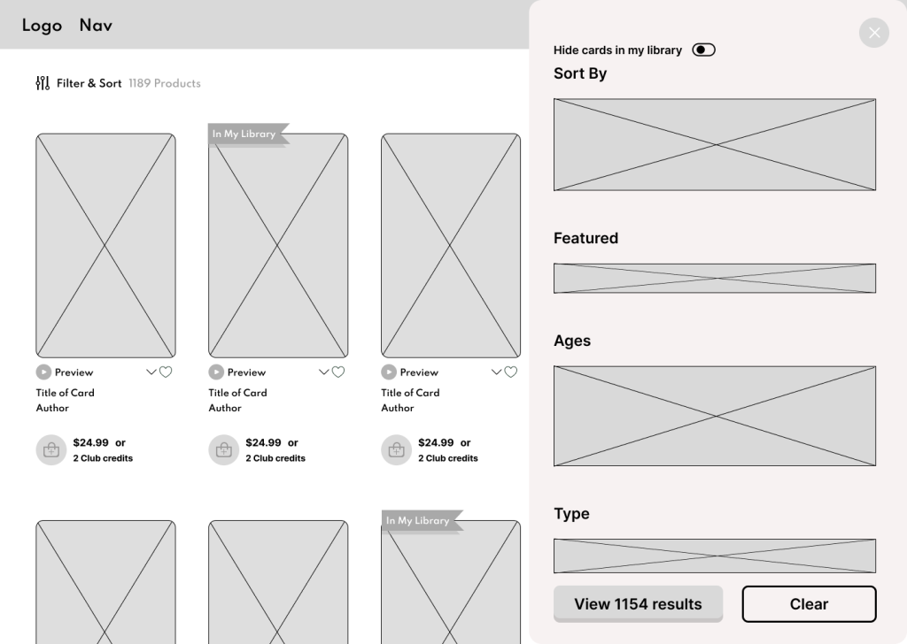 A digital wireframe of the Yoto e-commerce store with the "filter and sort" drawer menu open. Included with other options for sorting is a "hide cards in my library" toggle at the top of the menu.