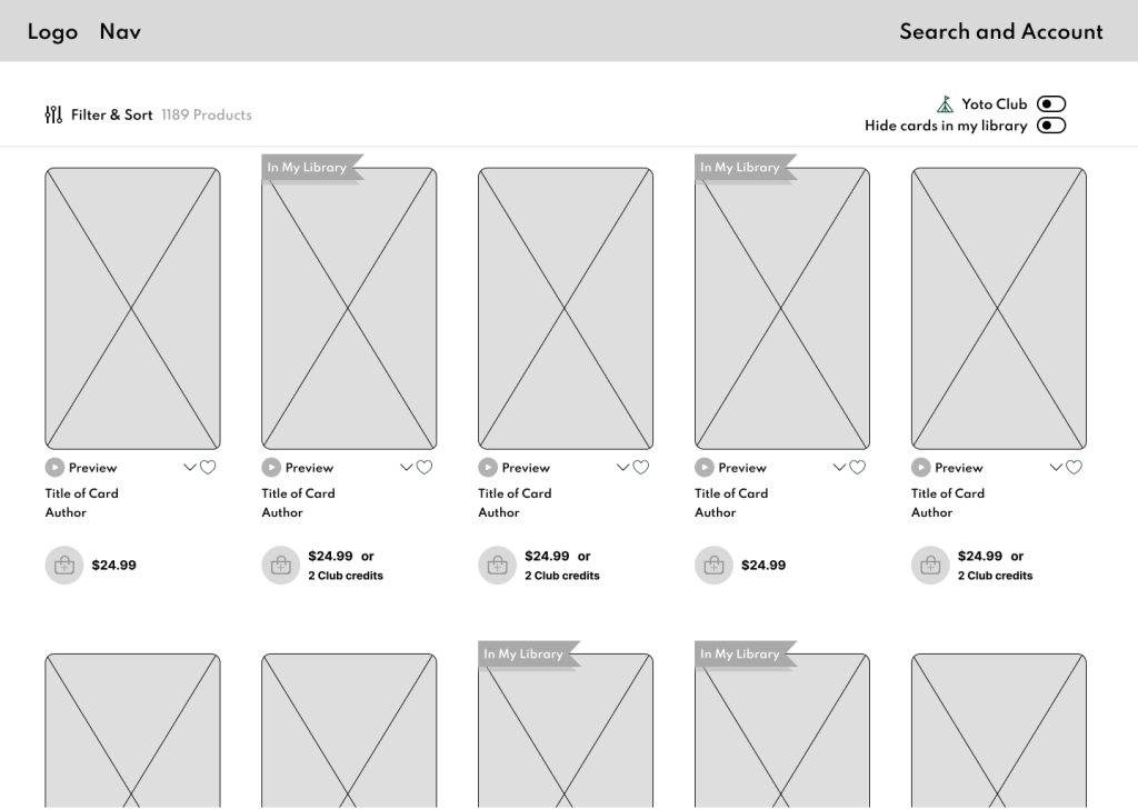 A digital wireframe of the Yoto e-commerce store with a "hide cards in my library" toggle on the main page, just below the existing "yoto club" toggle.