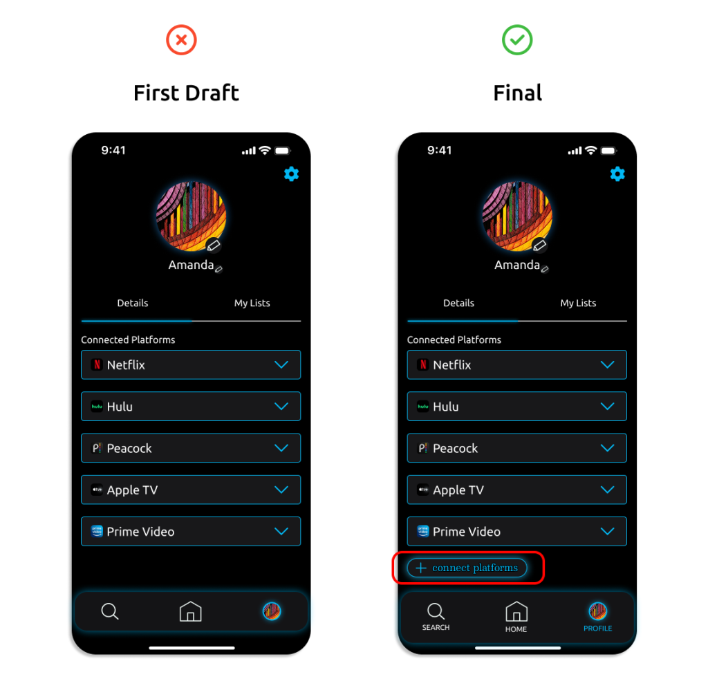 A comparison of two mobile screens that show a user named Amanda's profile. Under "Details" it has a list of connected platforms including Netflix, Hulu, Peacock, AppleTV, and Prime Video. Below that is a mobile navigation bar with a serach icon, a home icon, and a profile icon that is selected. The first screen is called a "first draft" and has a red X above it. The second screen is called "final" and has a green check. Added to the final screen is a "connect platforms" button that is circled in red.